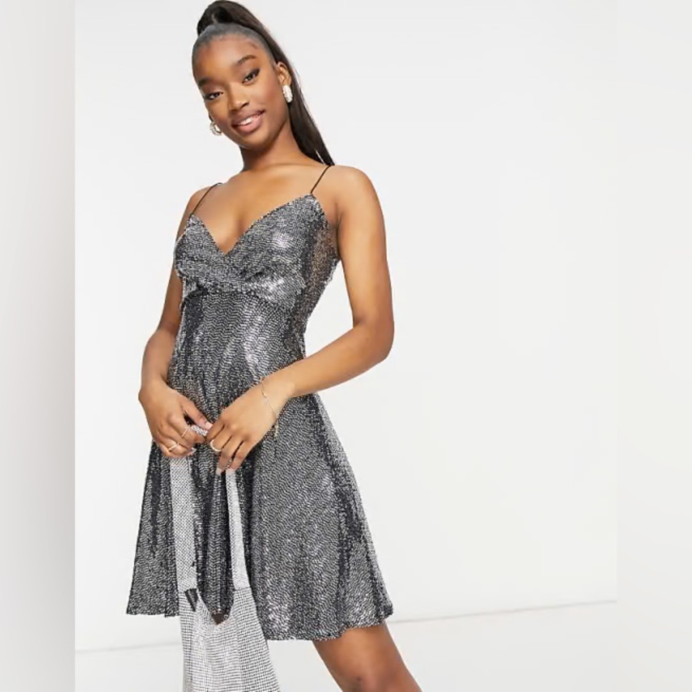 Flounce London wrap front mini skater dress in black and gold